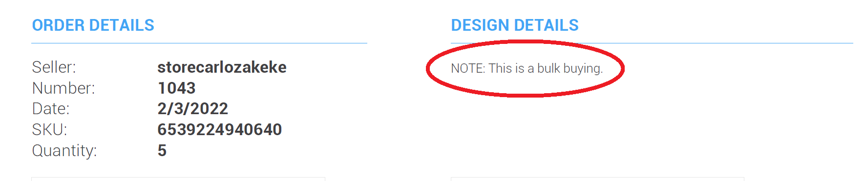 Bulk order note example